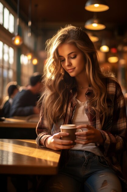 Foto mujer joven sentada en un café con una taza de café