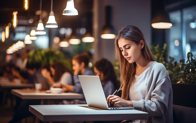 Mujer joven sentada en una computadora portátil de escritorio