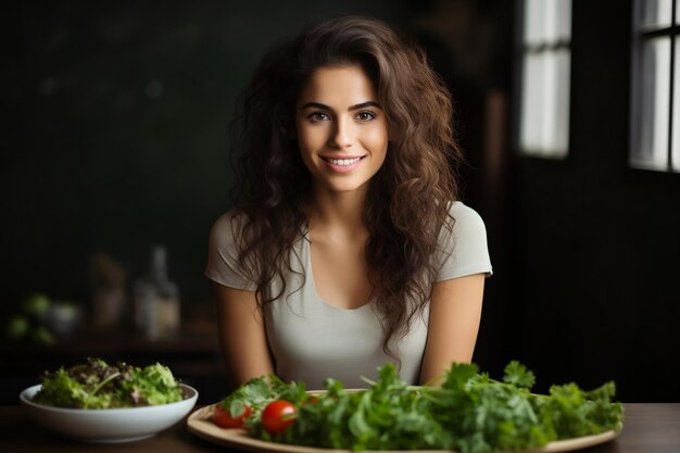 Mujer joven sentada delante de la mesa con verduras