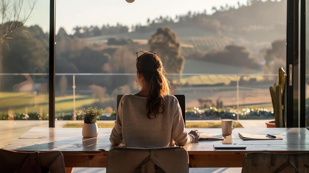 Mujer joven sentada en un escritorio en una oficina doméstica moderna mirando una hermosa vista del campo