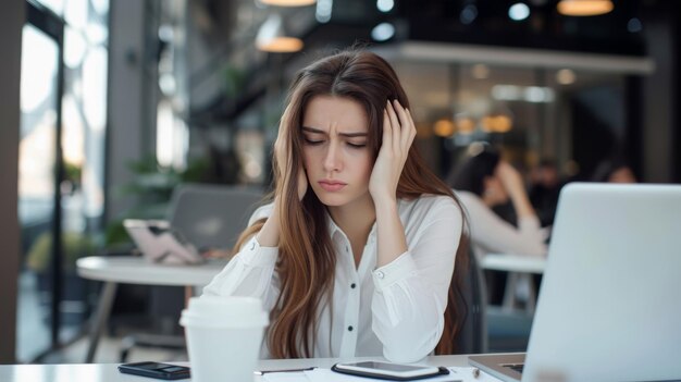 mujer joven sentada frente a una computadora portátil con las manos en las sienes apareciendo estresada o frustrada