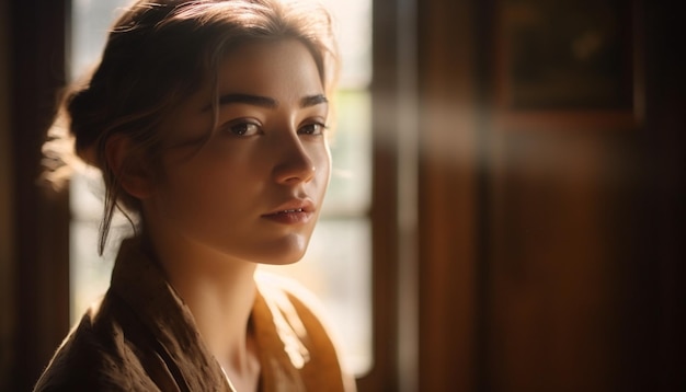 Mujer joven sentada junto a la ventana contemplando la vida generada por IA