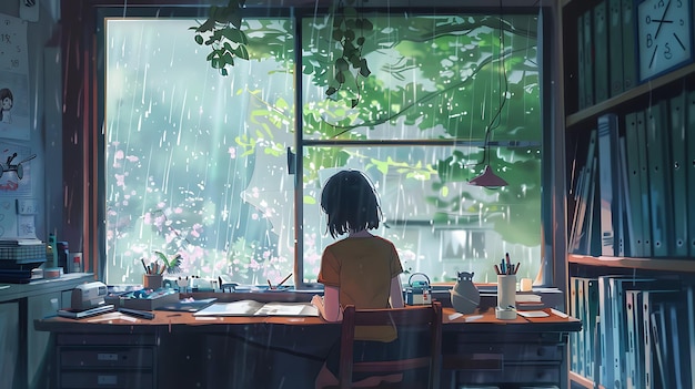 Mujer joven sentada junto a la ventana viendo la lluvia caer afuera