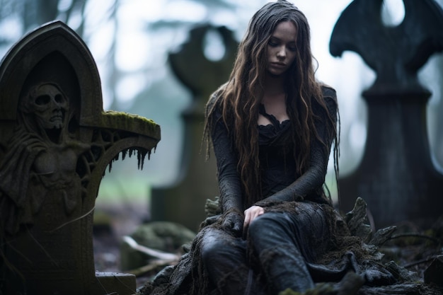 una mujer joven sentada en una lápida en un cementerio