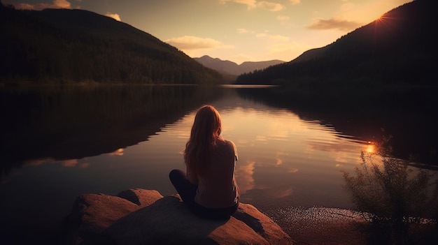 Mujer joven sentada para meditar en una piedra en un hermoso lago Fondo de montañas IA generativa