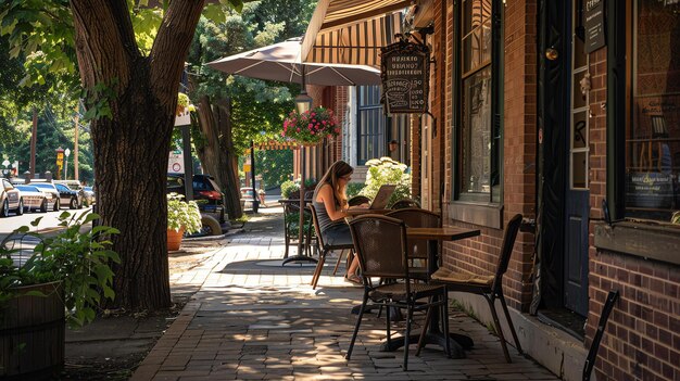 Una mujer joven sentada en una mesa fuera de un café trabajando en su portátil