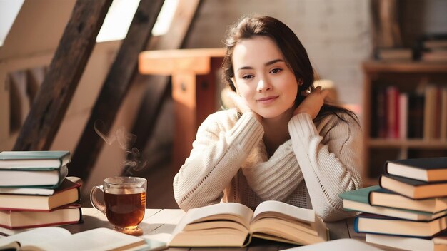 Mujer joven sentada en la mesa con libros