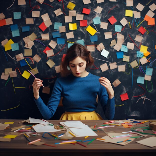 Mujer joven sentada en la mesa con un montón de notas postit