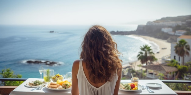 Mujer joven sentada en una mesa en un restaurante de hotel vista trasera vacaciones de verano en una habitación de lujo junto al mar IA generativa