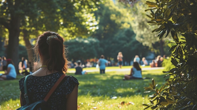 Foto una mujer joven sentada en el parque.