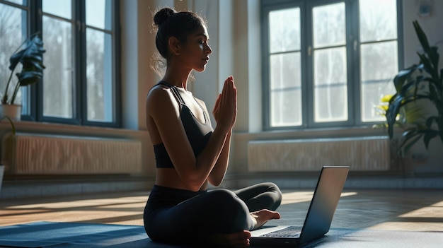 Foto mujer joven sentada con las piernas cruzadas en una alfombra de yoga usando una computadora portátil durante una clase virtual de yoga o sesión de meditación