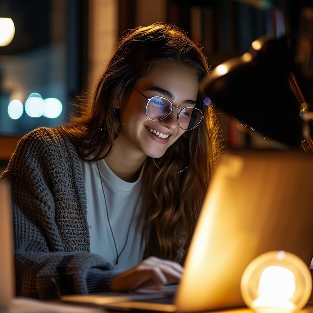 Mujer joven sentada en el sofá usando una computadora portátil Diseñadora que trabaja en una oficina moderna Mujeres de negocios sonriendo y mirando la computadora