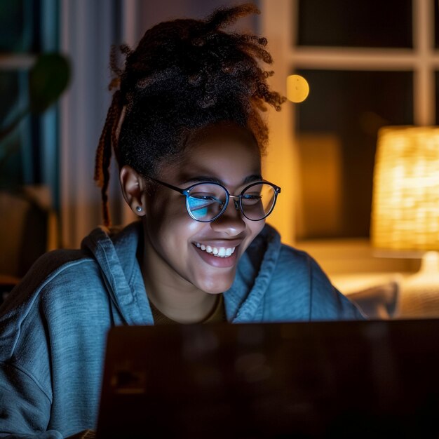 Mujer joven sentada en el sofá usando una computadora portátil Diseñadora que trabaja en una oficina moderna Mujeres de negocios sonriendo y mirando la computadora