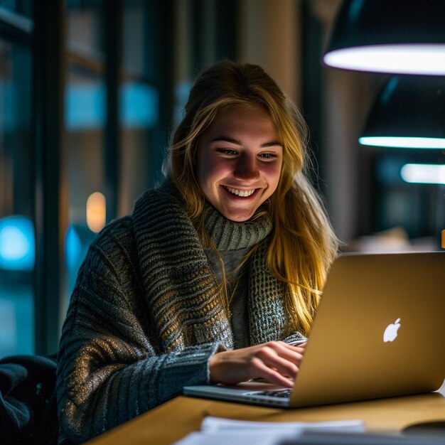Mujer joven sentada en el sofá usando una computadora portátil Diseñadora que trabaja en una oficina moderna Mujeres de negocios sonriendo y mirando la computadora