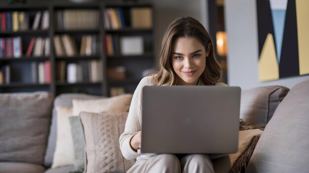 Foto mujer joven sentada en el sofá usando una computadora portátil mirando a la cámara