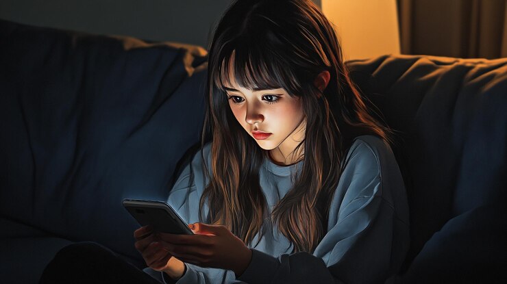 Mujer joven sentada en un sofá usando su teléfono inteligente en una sala de estar débilmente iluminada por la noche