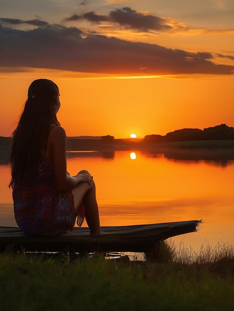Una mujer joven sentada sola disfrutando de la tranquila puesta de sol