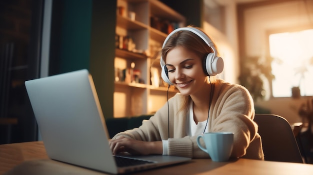 Una mujer joven sentada en su acogedor espacio de oficina con auriculares completamente inmersa en su trabajo con la computadora Una mujer tranquila y relajada con auriculares escuchando música relajante para relajarse AI generativo