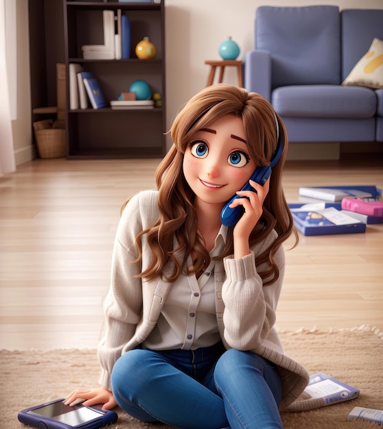 Mujer joven sentada en el suelo en casa y hablando por teléfono