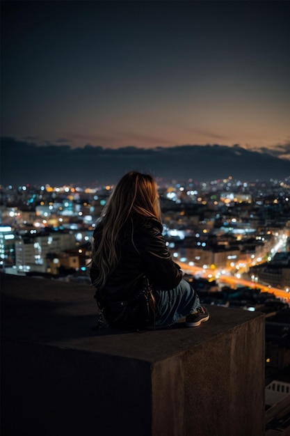 Mujer joven sentada en el techo de un edificio y mirando la ciudad de noche