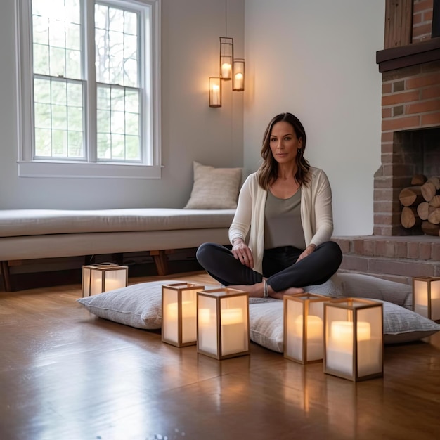 mujer joven, sentado, en, un, sofá, en, ella, sala, en casa, con, velas