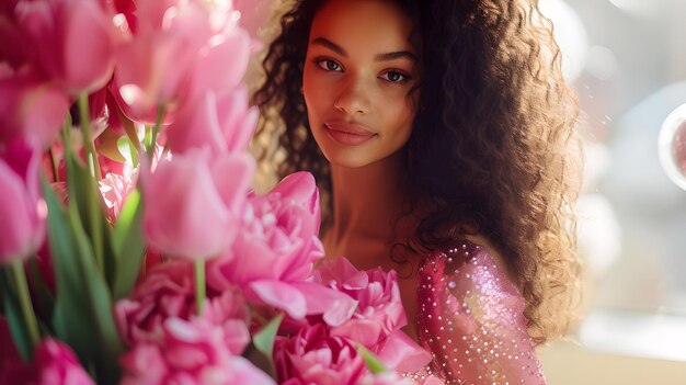 Mujer joven serena admirando las flores de la primavera tonos pastel y enfoque suave para imágenes calmantes ideal para el bienestar y el contenido de estilo de vida IA