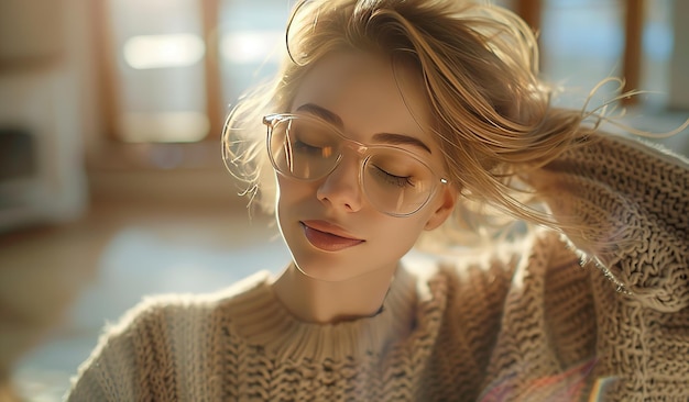 Mujer joven serena con gafas disfrutando de la luz del sol en el interior