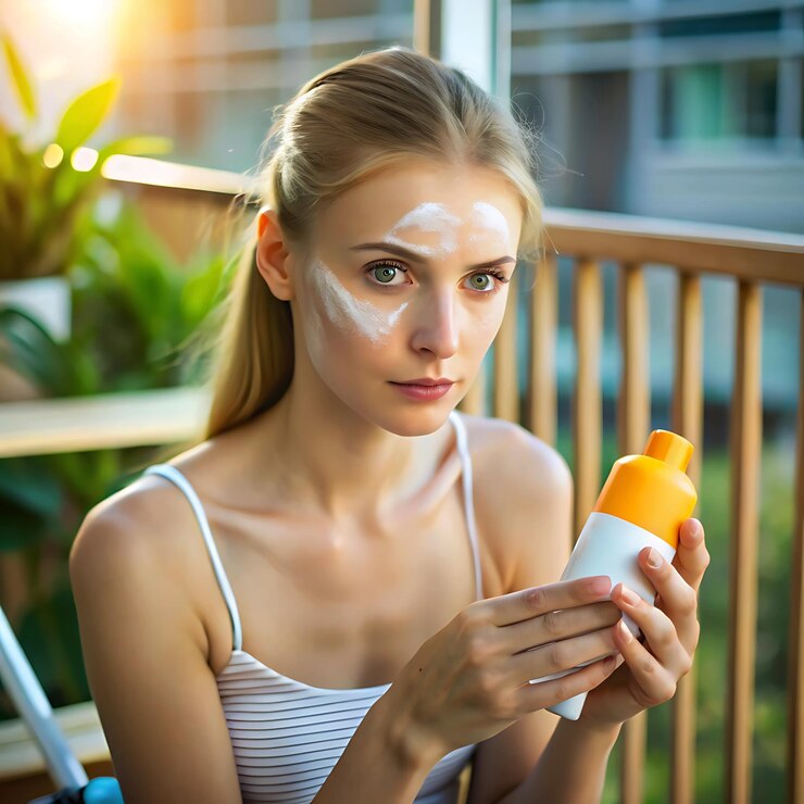 Mujer joven seria aplicando protector solar en casa