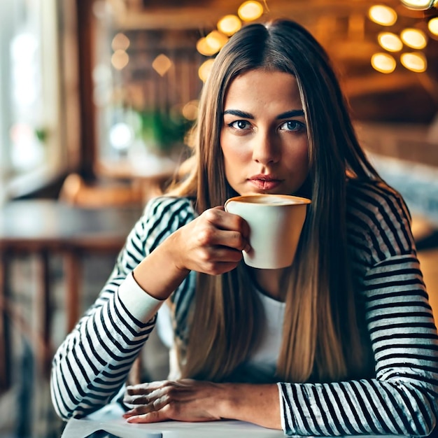 Una mujer joven seria con café en el interior en un café mirando a la cámara AI_Generated