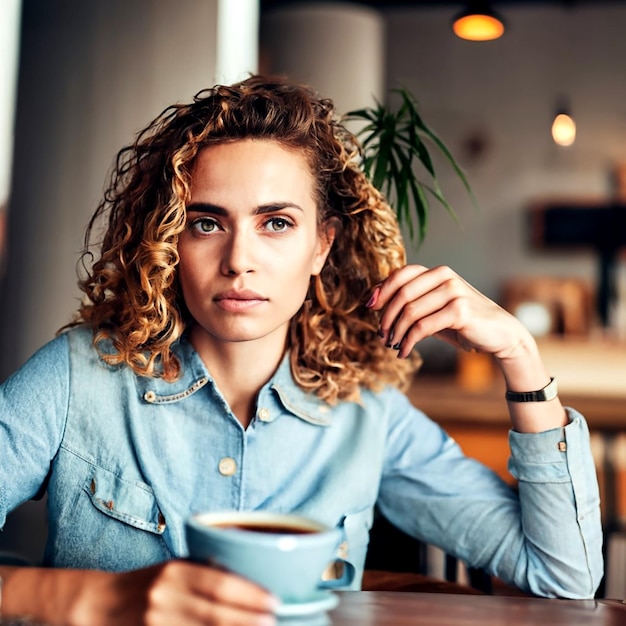 Una mujer joven seria con café en el interior en un café mirando a la cámara AI_Generated