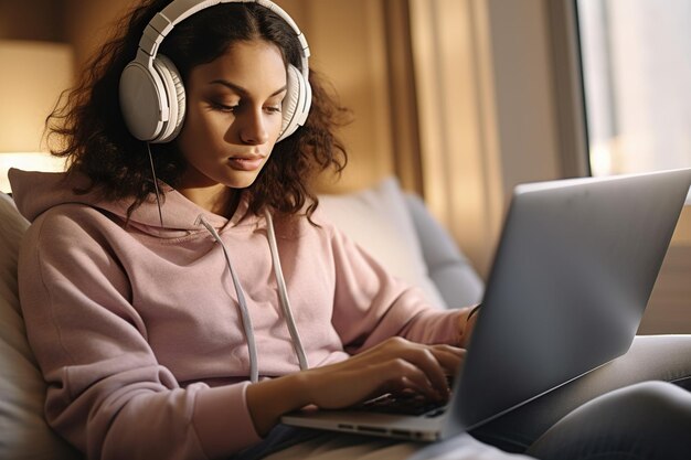 Foto mujer joven seria que usa auriculares cuando ve un documental en su computadora portátil