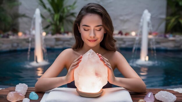 Foto mujer joven en una sesión de curación con cristales