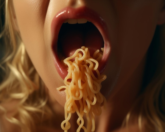 Mujer joven sexy comiendo pasta primer plano concepto de estilo de vida saludable