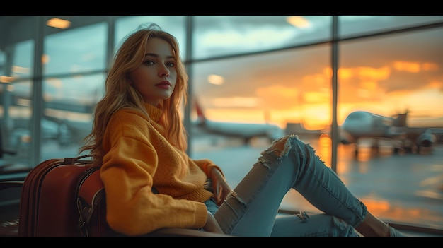 Una mujer joven se sienta en un aeropuerto al atardecer esperando su vuelo de estado de ánimo contemplativo mientras mira lejos a la IA