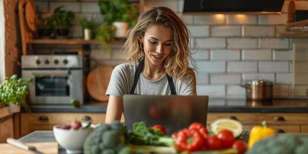 Mujer joven se sienta con una computadora portátil en una mesa en la cocina rodeada de verduras y verduras