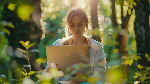 Una mujer joven se sienta en la hierba en un parque y usa una computadora portátil está fijada en la pantalla