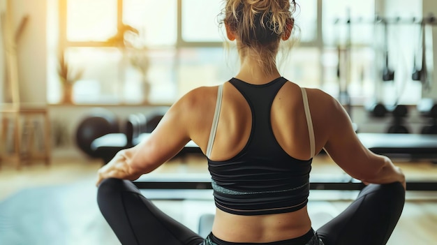 Foto una mujer joven se sienta con las piernas cruzadas en una alfombra de yoga en un estudio de fitness ella lleva un sostén deportivo negro y leggings negros