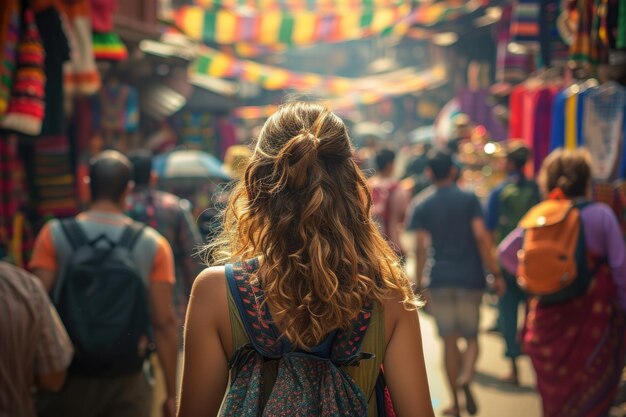 mujer joven sincera viajero en una concurrida calle de mercado rodeado de colores vívidos un