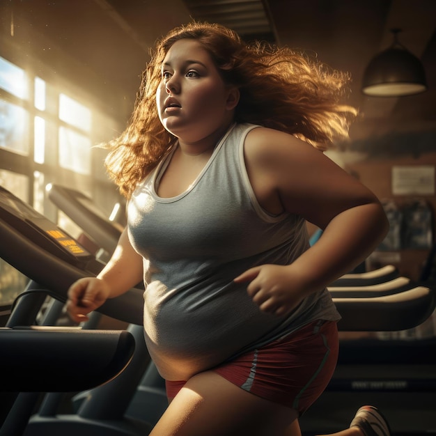 Mujer joven con sobrepeso haciendo ejercicio en el gimnasio
