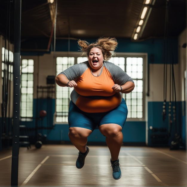 Mujer joven con sobrepeso haciendo ejercicio en el gimnasio