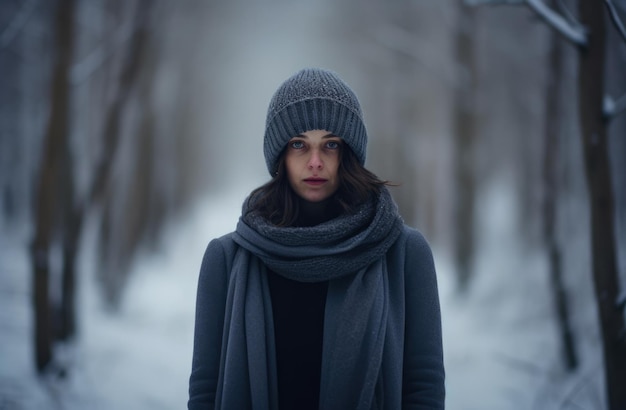 Mujer joven sola en un bosque nevado