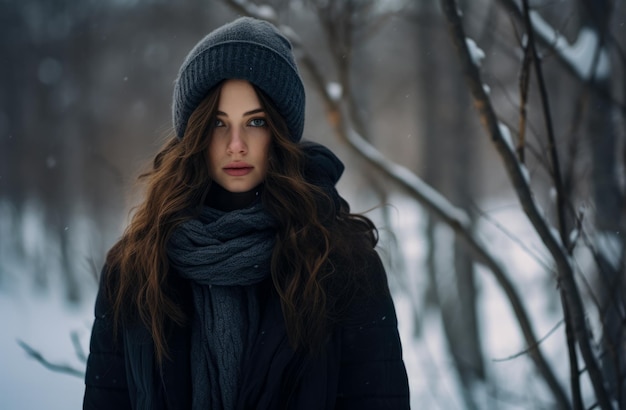 Foto mujer joven sola en un bosque nevado