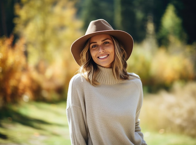 Mujer joven con sombrero al aire libre durante el otoño