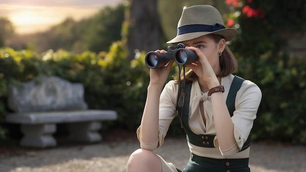 Mujer joven con sombrero y binoculares