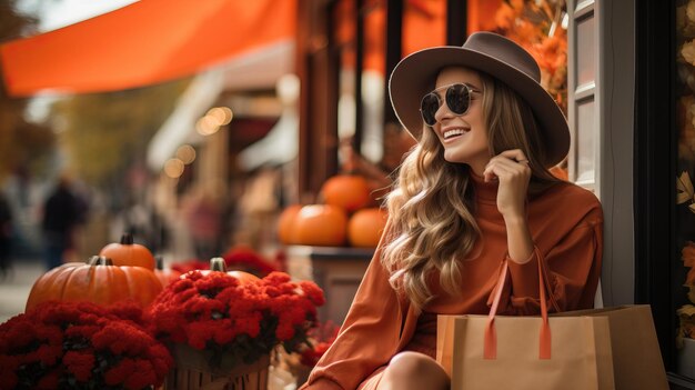 Mujer joven con sombrero y gafas de sol sentada en un banco con bolsas de compras en la calle otoño