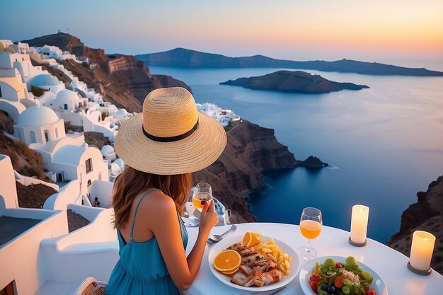 Foto mujer joven con sombrero mirando la hermosa vista de la caldera y disfrutando de una cena romántica durante la puesta de sol antes de oscurecer sobre el mar egeo santorini