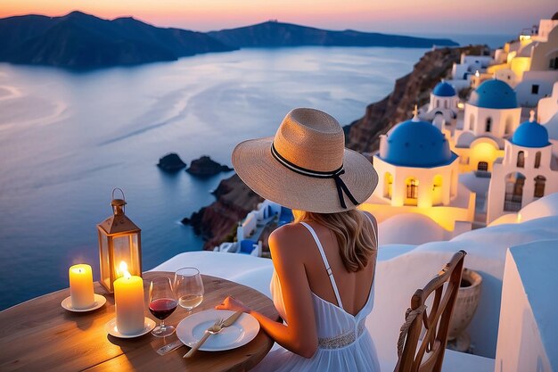 Foto mujer joven con sombrero mirando la hermosa vista de la caldera y disfrutando de una cena romántica durante la puesta de sol antes de oscurecer sobre el mar egeo santorini