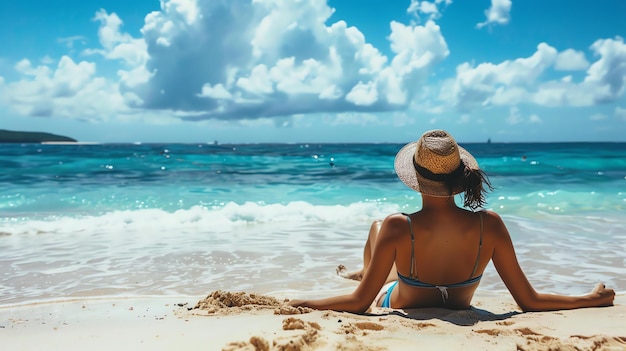 Mujer joven con un sombrero de paja relajándose en una playa tropical Agua azul clara y arena blanca