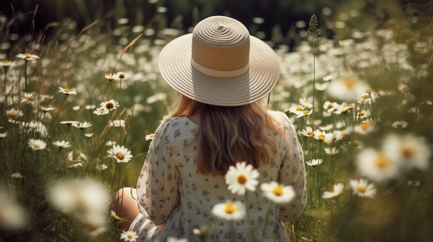 mujer joven, en, sombrero de paja, sentado, en, daisy, jardín