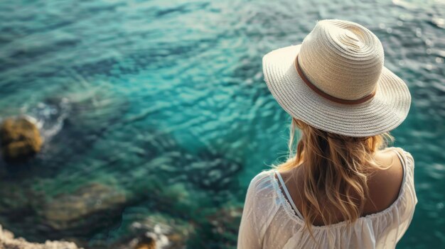 Una mujer joven con un sombrero de paja de verano está sentada en la cima de un acantilado mirando un paisaje con vista al mar con un cielo azul Concepto de viaje para una pareja o familia vacaciones de viaje por carretera en el estilo de la costa Vista trasera